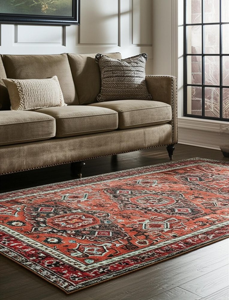 2' X 3' Red Orange And Blue Wool Floral Hand Knotted Distressed Area Rug With Fringe