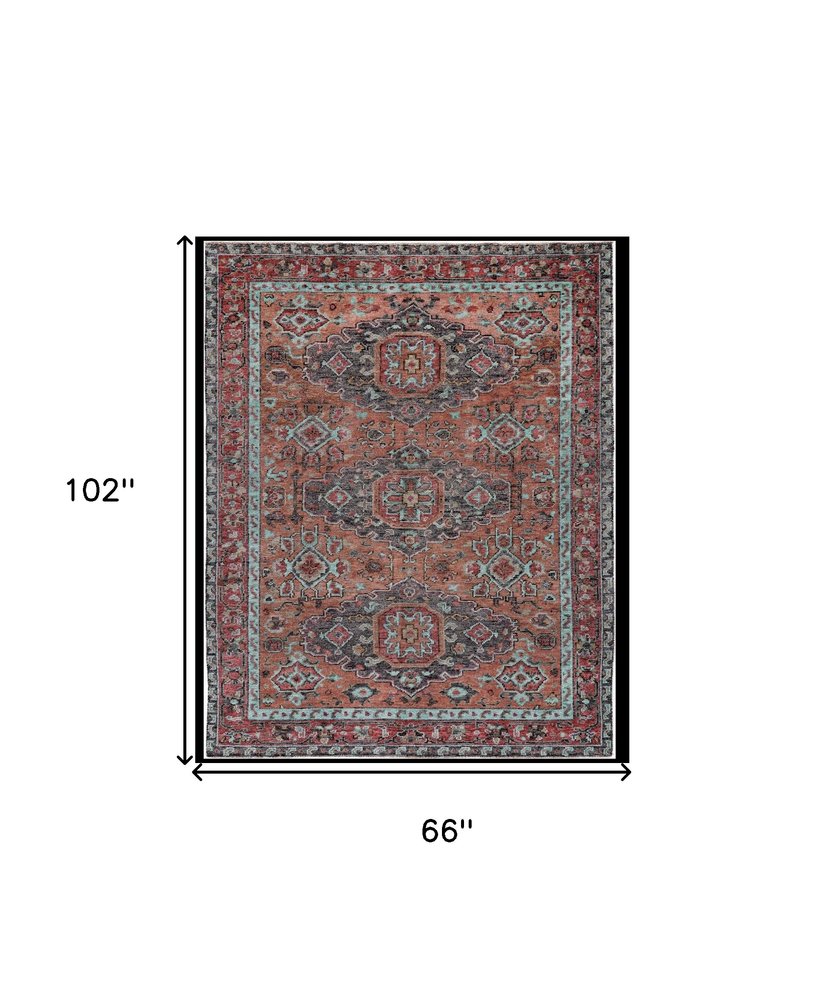 2' X 3' Red Orange And Blue Wool Floral Hand Knotted Distressed Area Rug With Fringe