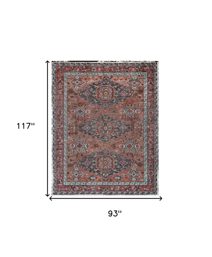 2' X 3' Red Orange And Blue Wool Floral Hand Knotted Distressed Area Rug With Fringe