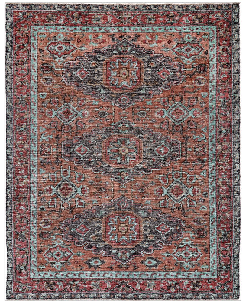 2' X 3' Red Orange And Blue Wool Floral Hand Knotted Distressed Area Rug With Fringe