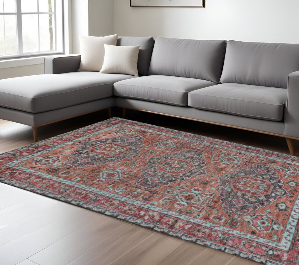 2' X 3' Red Orange And Blue Wool Floral Hand Knotted Distressed Area Rug With Fringe