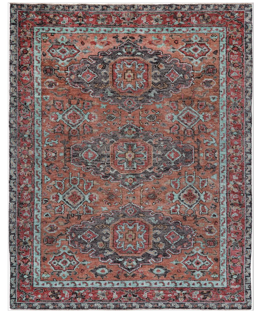 2' X 3' Red Orange And Blue Wool Floral Hand Knotted Distressed Area Rug With Fringe