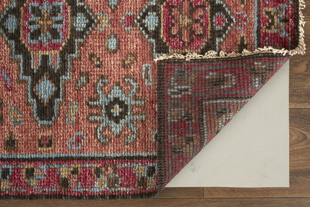 2' X 3' Red Orange And Blue Wool Floral Hand Knotted Distressed Area Rug With Fringe