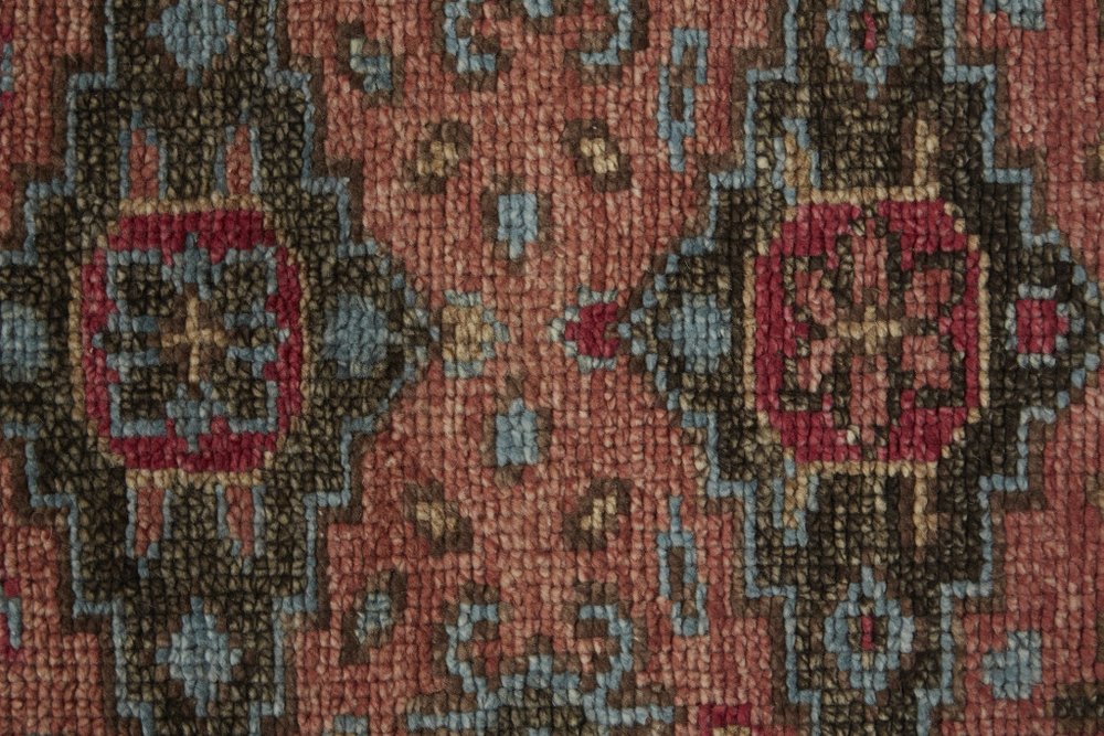 2' X 3' Red Orange And Blue Wool Floral Hand Knotted Distressed Area Rug With Fringe