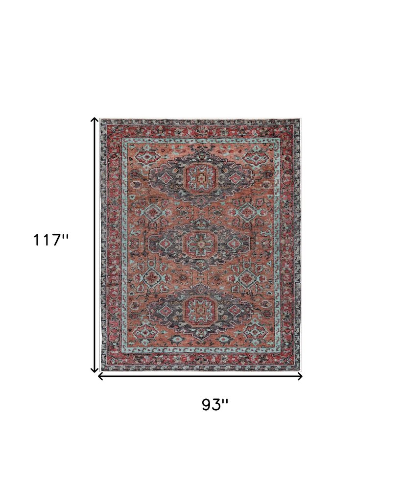 2' X 3' Red Orange And Blue Wool Floral Hand Knotted Distressed Area Rug With Fringe