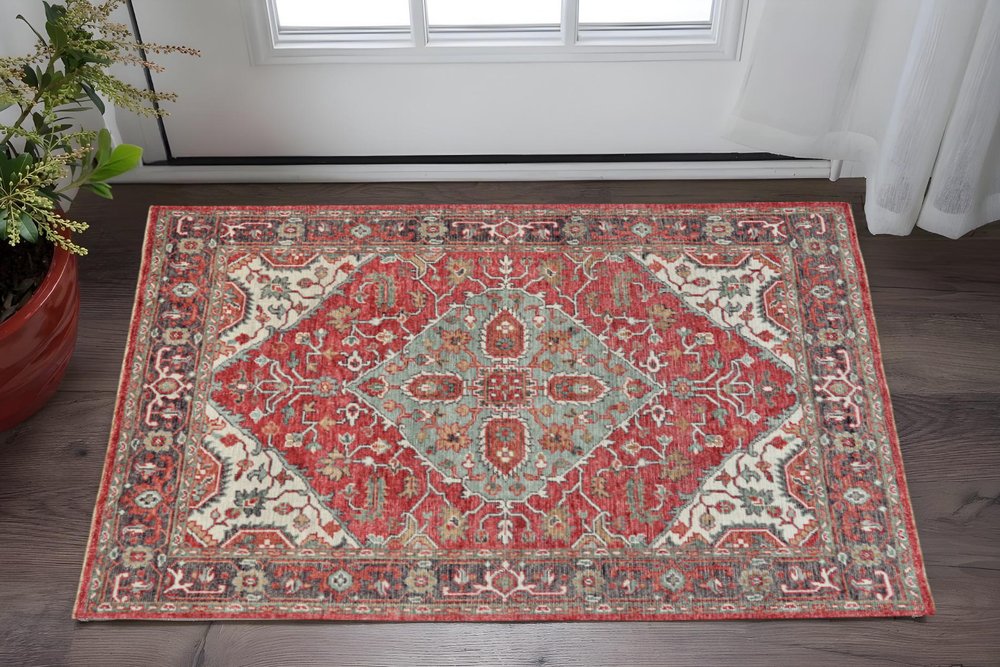5' X 8' Red Gray And Ivory Wool Floral Hand Knotted Distressed Stain Resistant Area Rug With Fringe