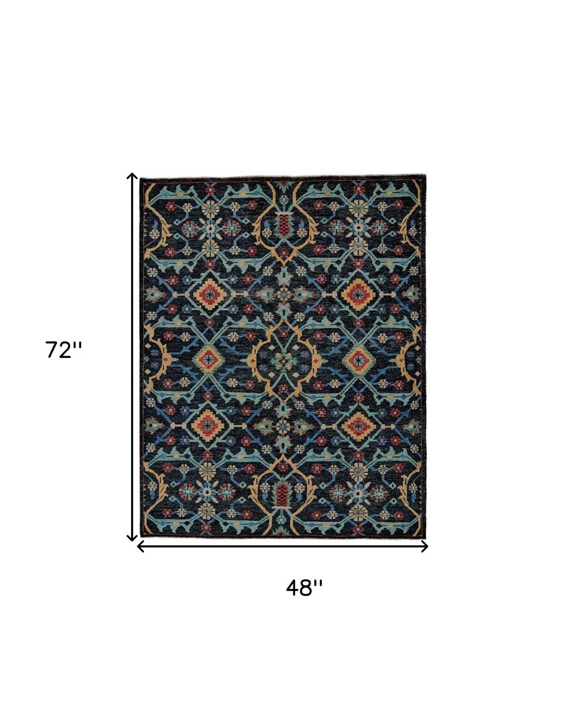 2' X 3' Black Blue And Orange Wool Tribal Hand Knotted Distressed Area Rug With Fringe