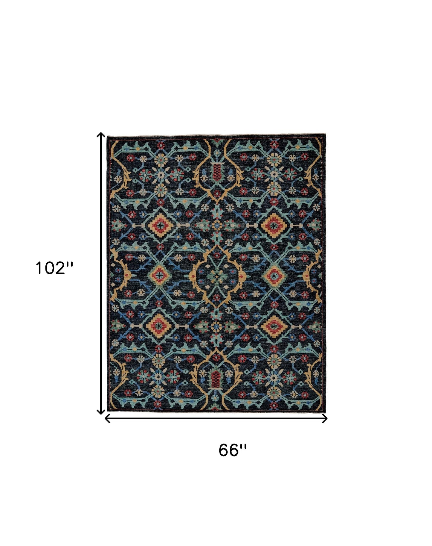 4' X 6' Black Blue and Orange Wool Tribal Hand Knotted Distressed Area Rug With Fringe