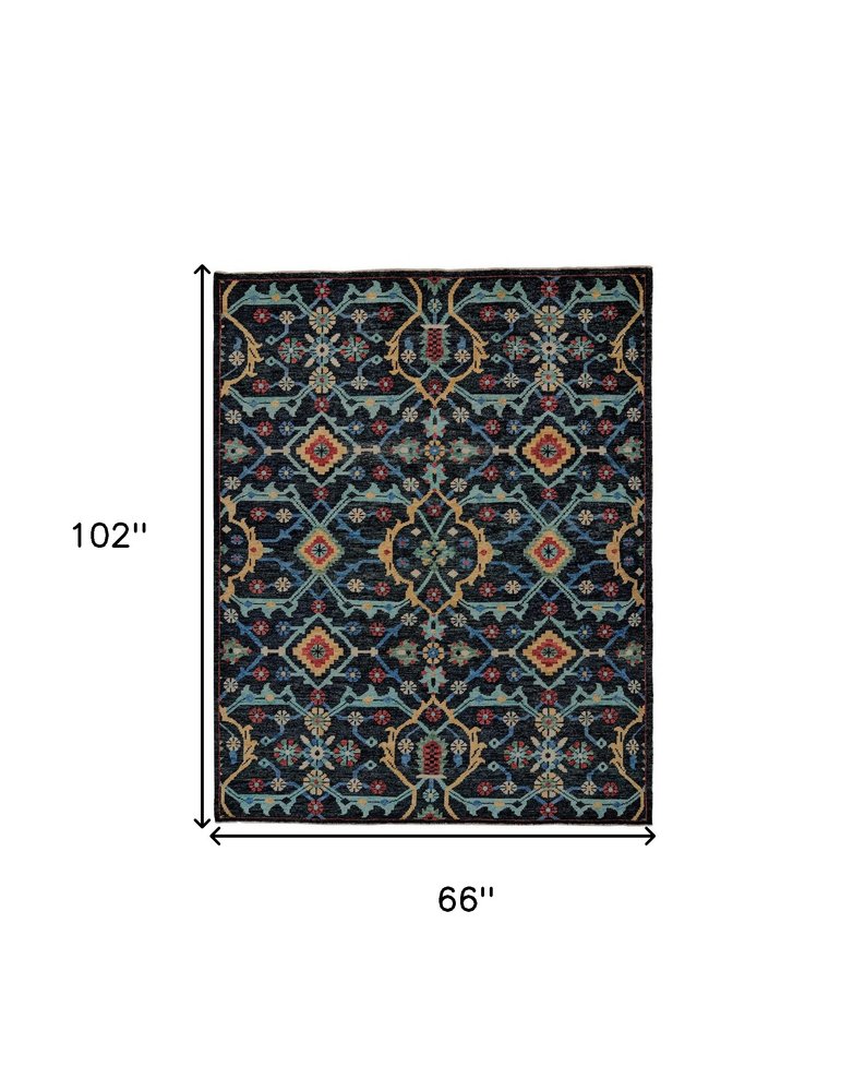 2' X 3' Black Blue And Orange Wool Tribal Hand Knotted Distressed Area Rug With Fringe