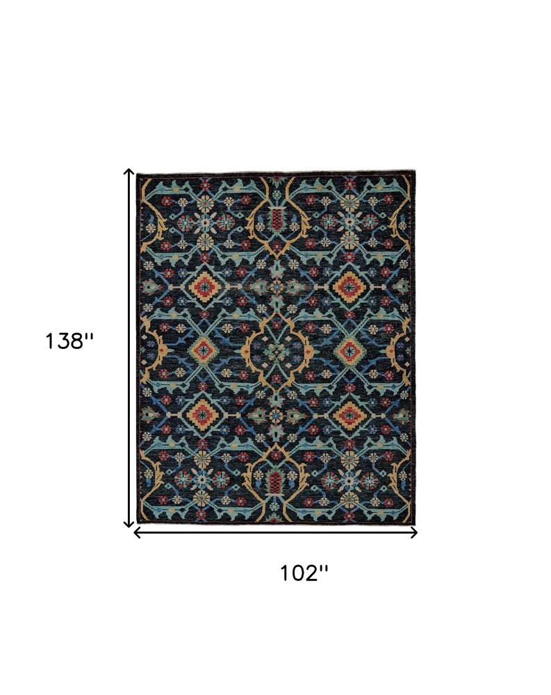 2' X 3' Black Blue And Orange Wool Tribal Hand Knotted Distressed Area Rug With Fringe