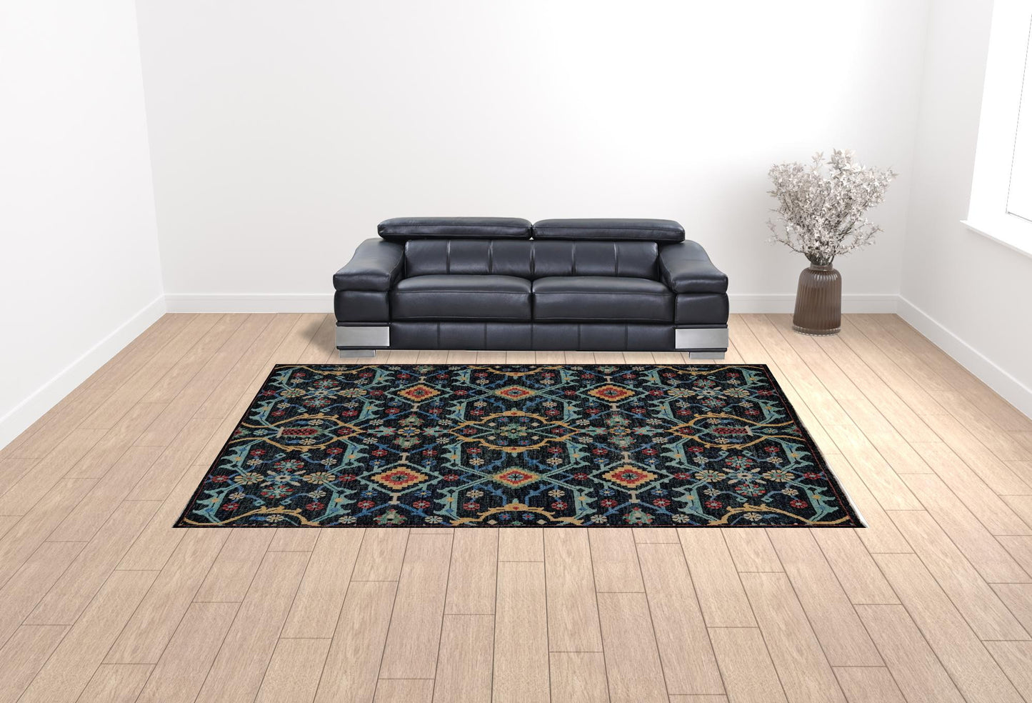 4' X 6' Black Blue and Orange Wool Tribal Hand Knotted Distressed Area Rug With Fringe