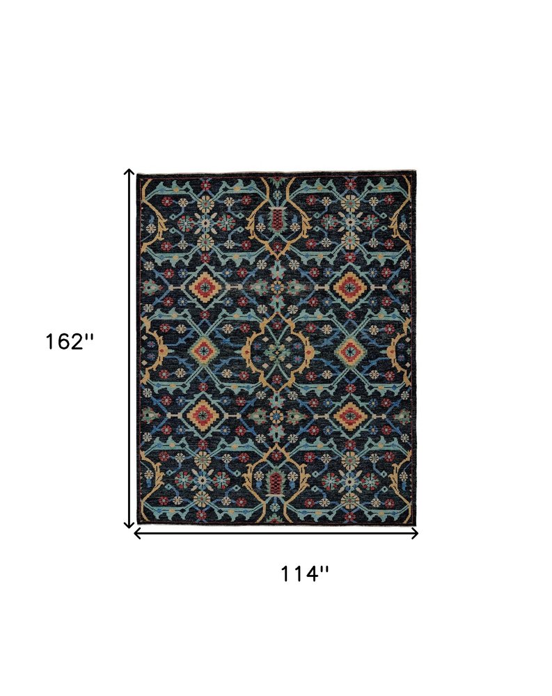 2' X 3' Black Blue And Orange Wool Tribal Hand Knotted Distressed Area Rug With Fringe