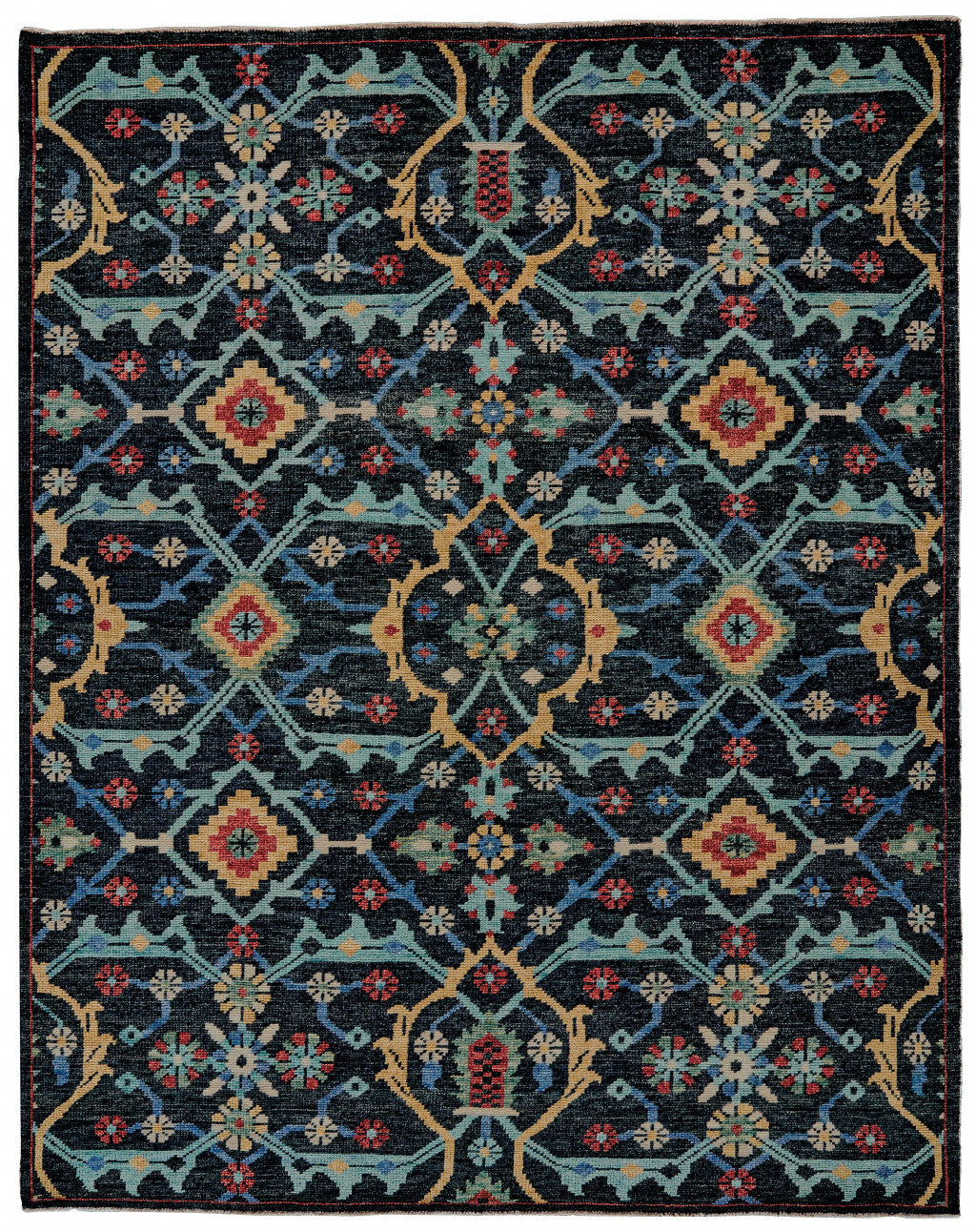 4' X 6' Black Blue and Orange Wool Tribal Hand Knotted Distressed Area Rug With Fringe