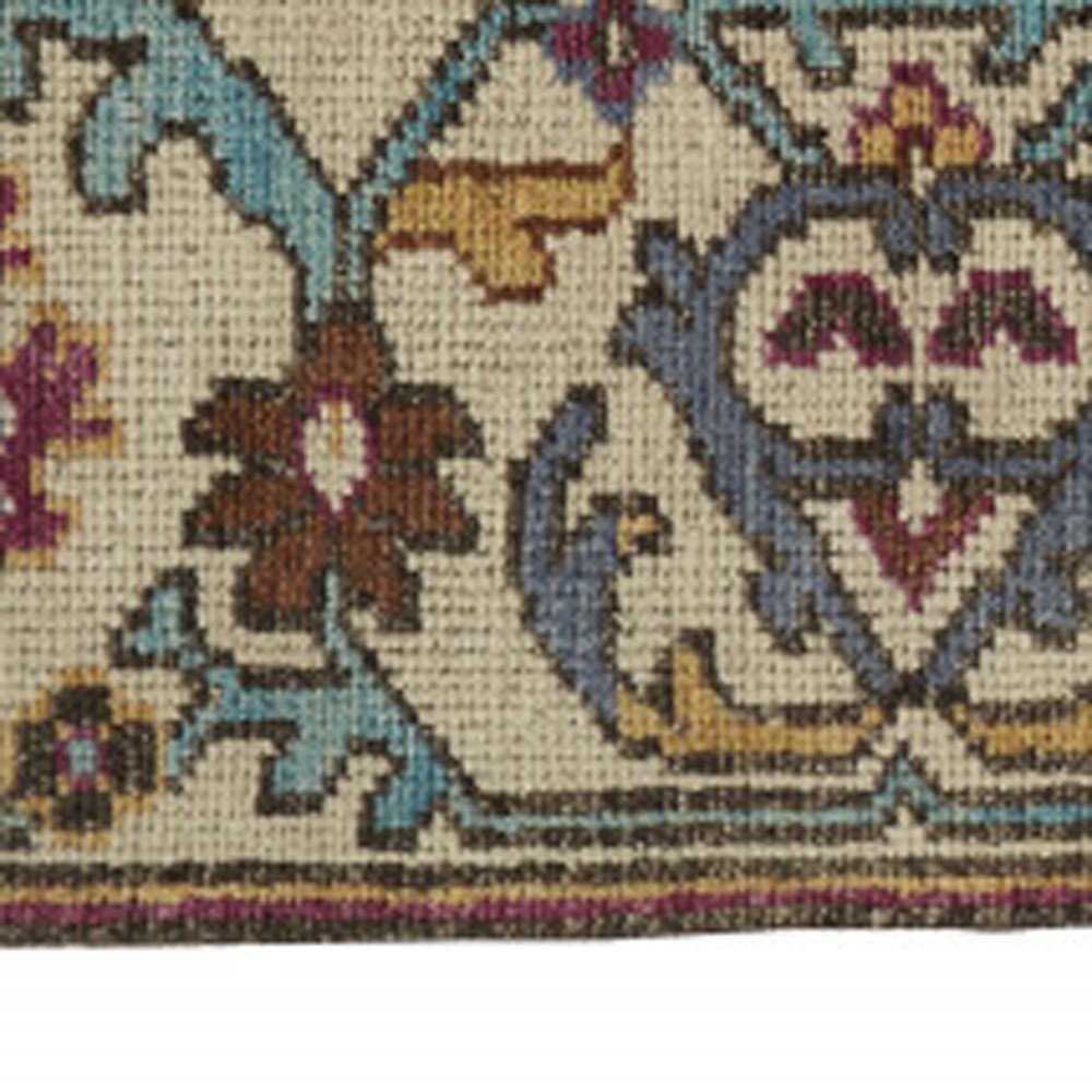 2' X 3' Ivory and Blue Wool Floral Hand Knotted Distressed Area Rug With Fringe