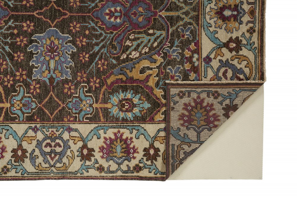 2' X 3' Ivory and Blue Wool Floral Hand Knotted Distressed Area Rug With Fringe