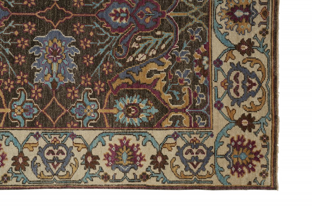 2' X 3' Ivory and Blue Wool Floral Hand Knotted Distressed Area Rug With Fringe