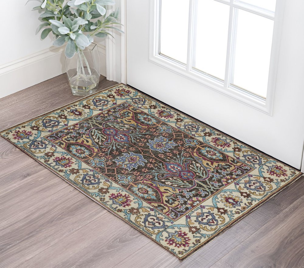 2' X 3' Ivory and Blue Wool Floral Hand Knotted Distressed Area Rug With Fringe