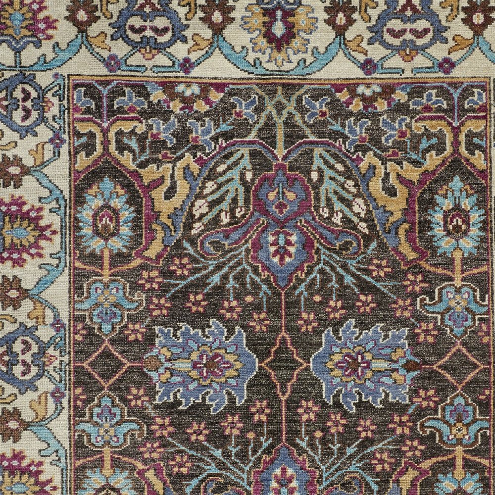 2' X 3' Ivory and Blue Wool Floral Hand Knotted Distressed Area Rug With Fringe