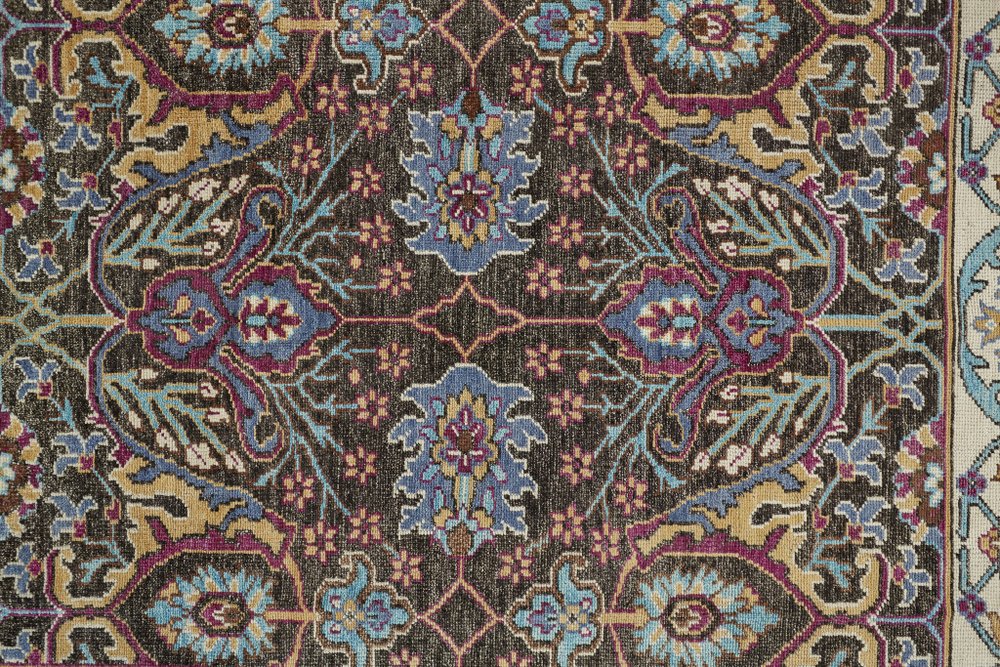 2' X 3' Ivory and Blue Wool Floral Hand Knotted Distressed Area Rug With Fringe