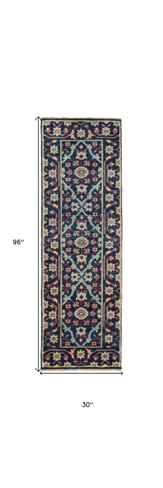 8' X 10' Blue Green And Red Wool Floral Hand Knotted Distressed Stain Resistant Area Rug With Fringe