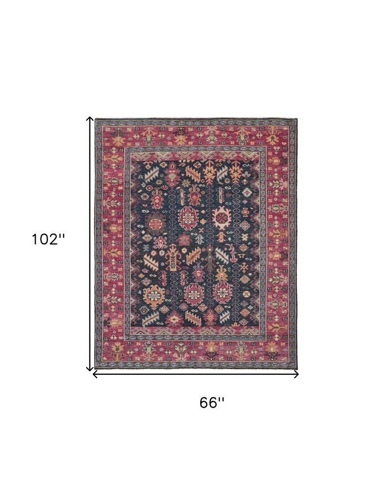 8' X 10' Dark Pink Blue And Black Wool Tribal Hand Knotted Distressed Area Rug With Fringe