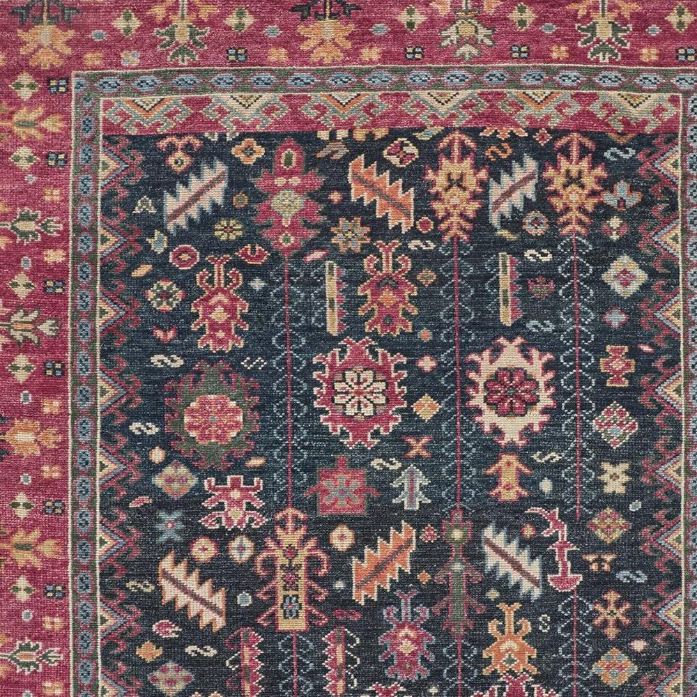 8' X 10' Dark Pink Blue And Black Wool Tribal Hand Knotted Distressed Area Rug With Fringe