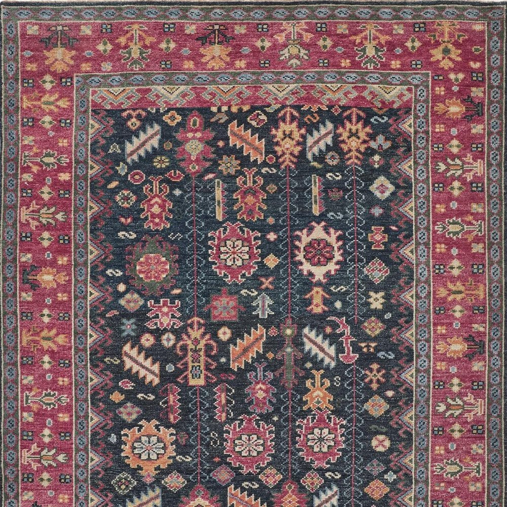 8' X 10' Dark Pink Blue And Black Wool Tribal Hand Knotted Distressed Area Rug With Fringe