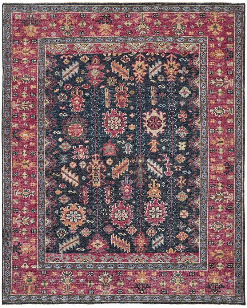 8' X 10' Dark Pink Blue And Black Wool Tribal Hand Knotted Distressed Area Rug With Fringe