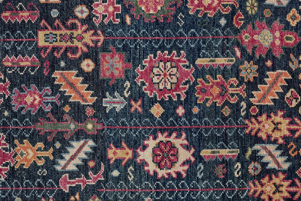 8' X 10' Dark Pink Blue And Black Wool Tribal Hand Knotted Distressed Area Rug With Fringe