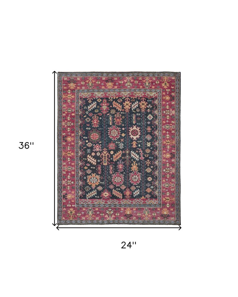 8' X 10' Dark Pink Blue And Black Wool Tribal Hand Knotted Distressed Area Rug With Fringe