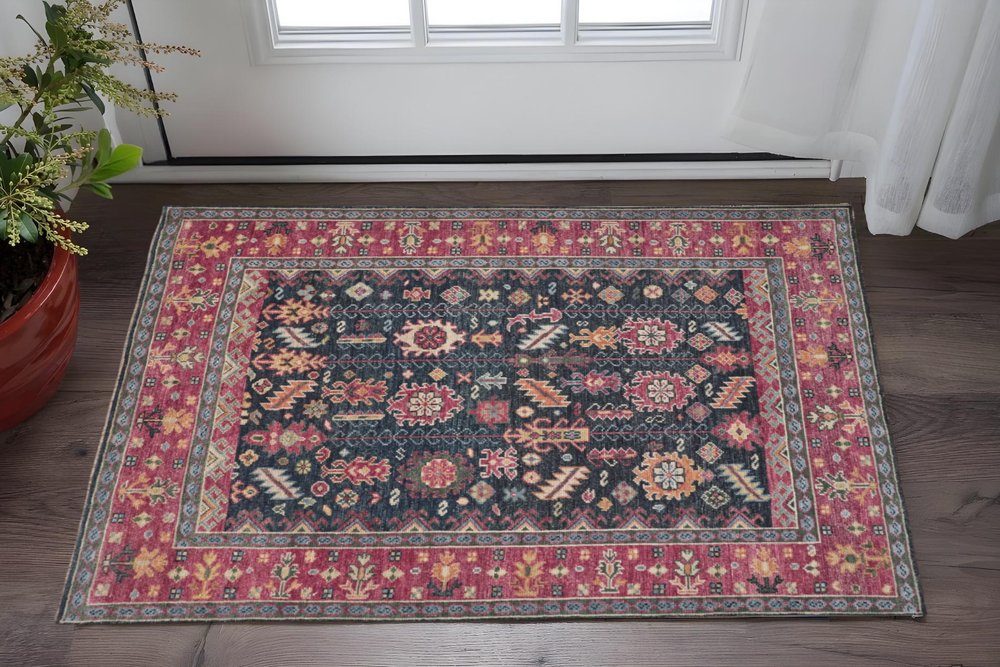 8' X 10' Dark Pink Blue And Black Wool Tribal Hand Knotted Distressed Area Rug With Fringe