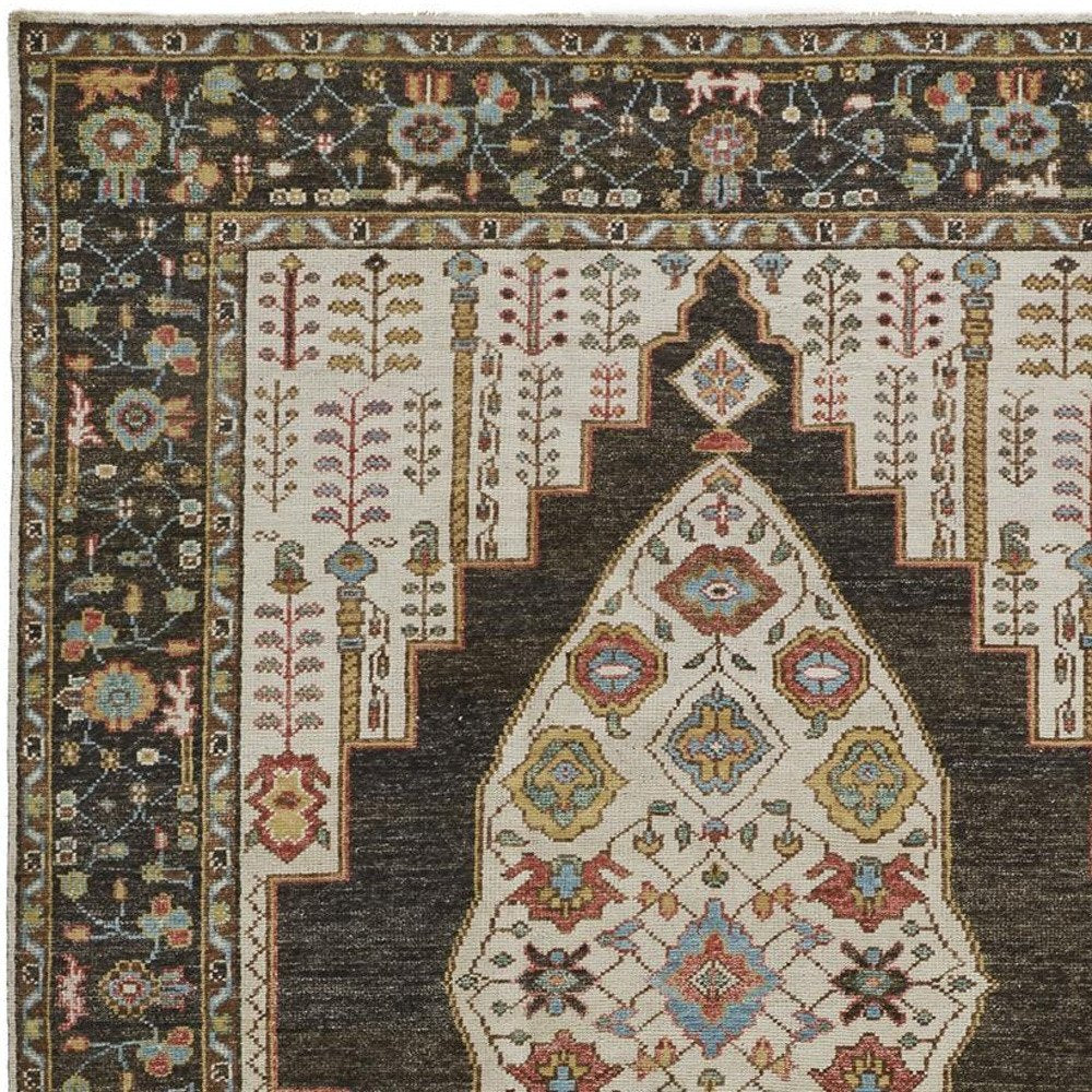 8' Green and Ivory Wool Floral Hand Knotted Distressed Runner Rug With Fringe