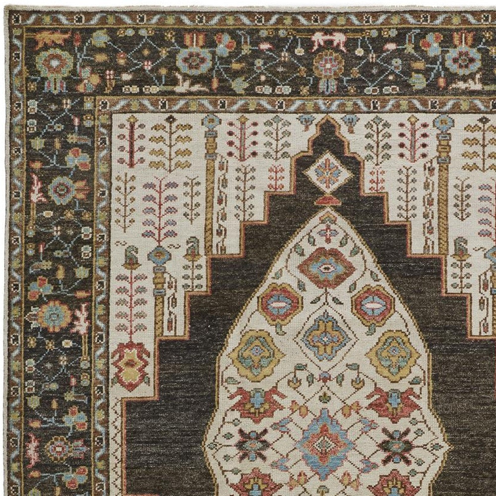 8' Green and Ivory Wool Floral Hand Knotted Distressed Runner Rug With Fringe