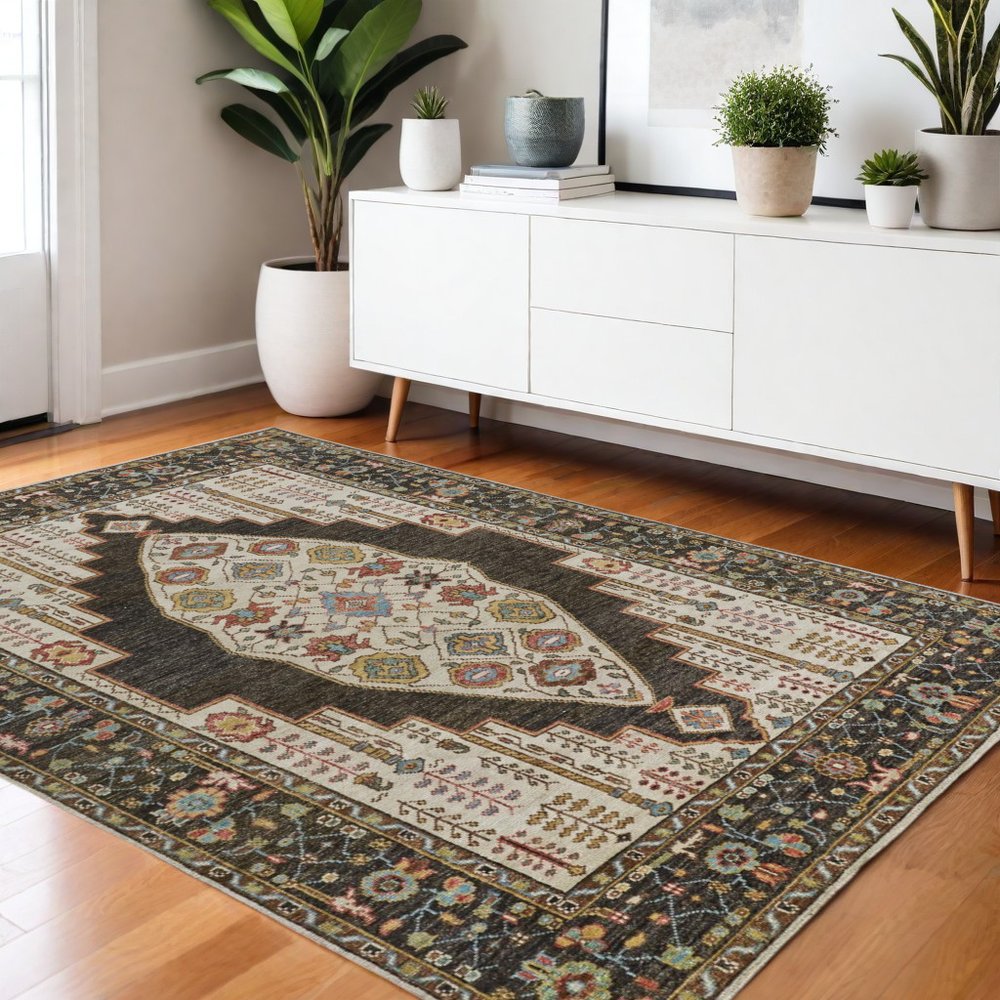 8' Green and Ivory Wool Floral Hand Knotted Distressed Runner Rug With Fringe