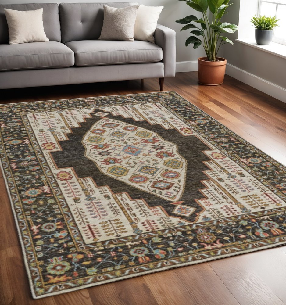 8' Green and Ivory Wool Floral Hand Knotted Distressed Runner Rug With Fringe