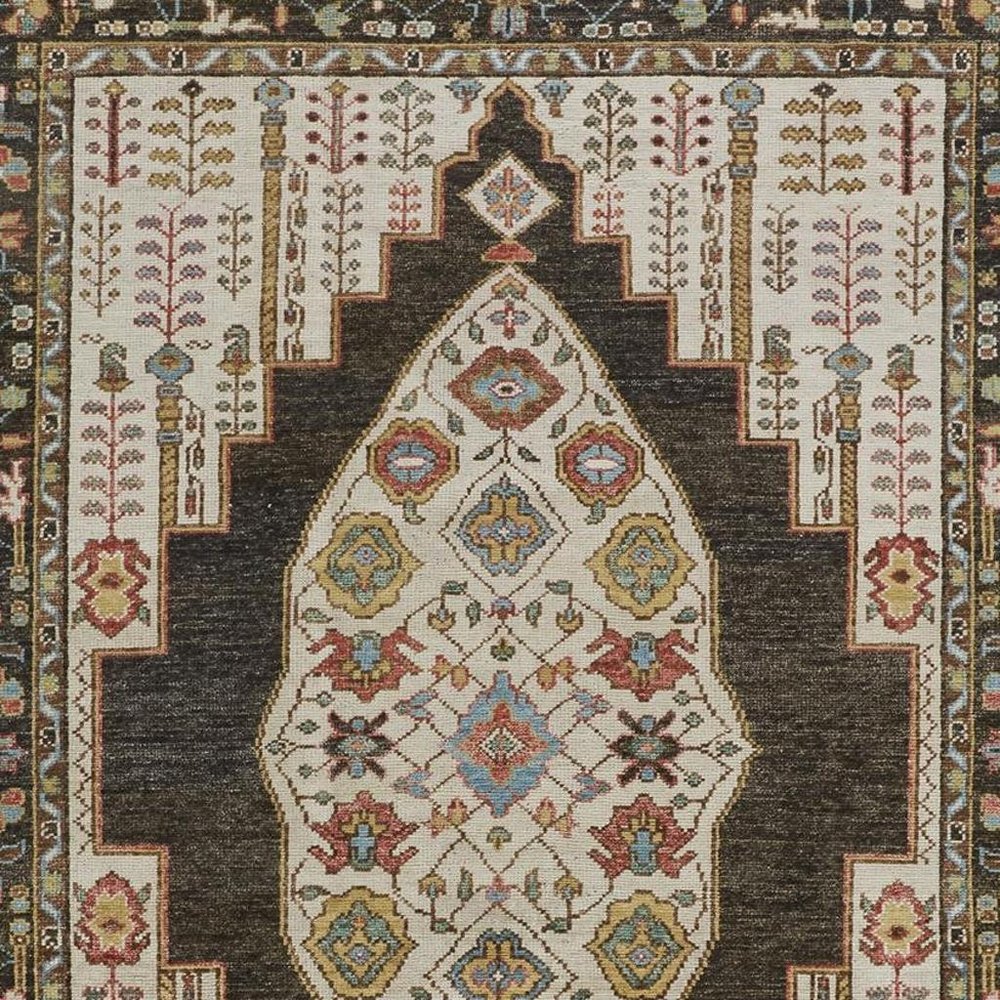 8' Green and Ivory Wool Floral Hand Knotted Distressed Runner Rug With Fringe