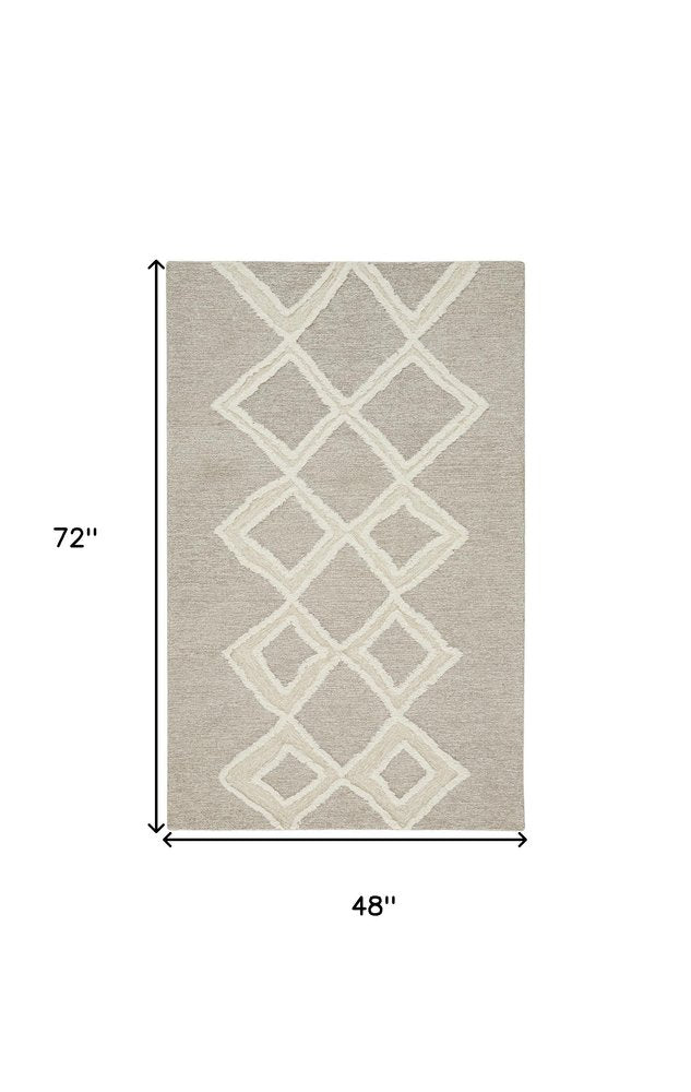4' X 6' Gray And Ivory Wool Geometric Tufted Handmade Stain Resistant Area Rug