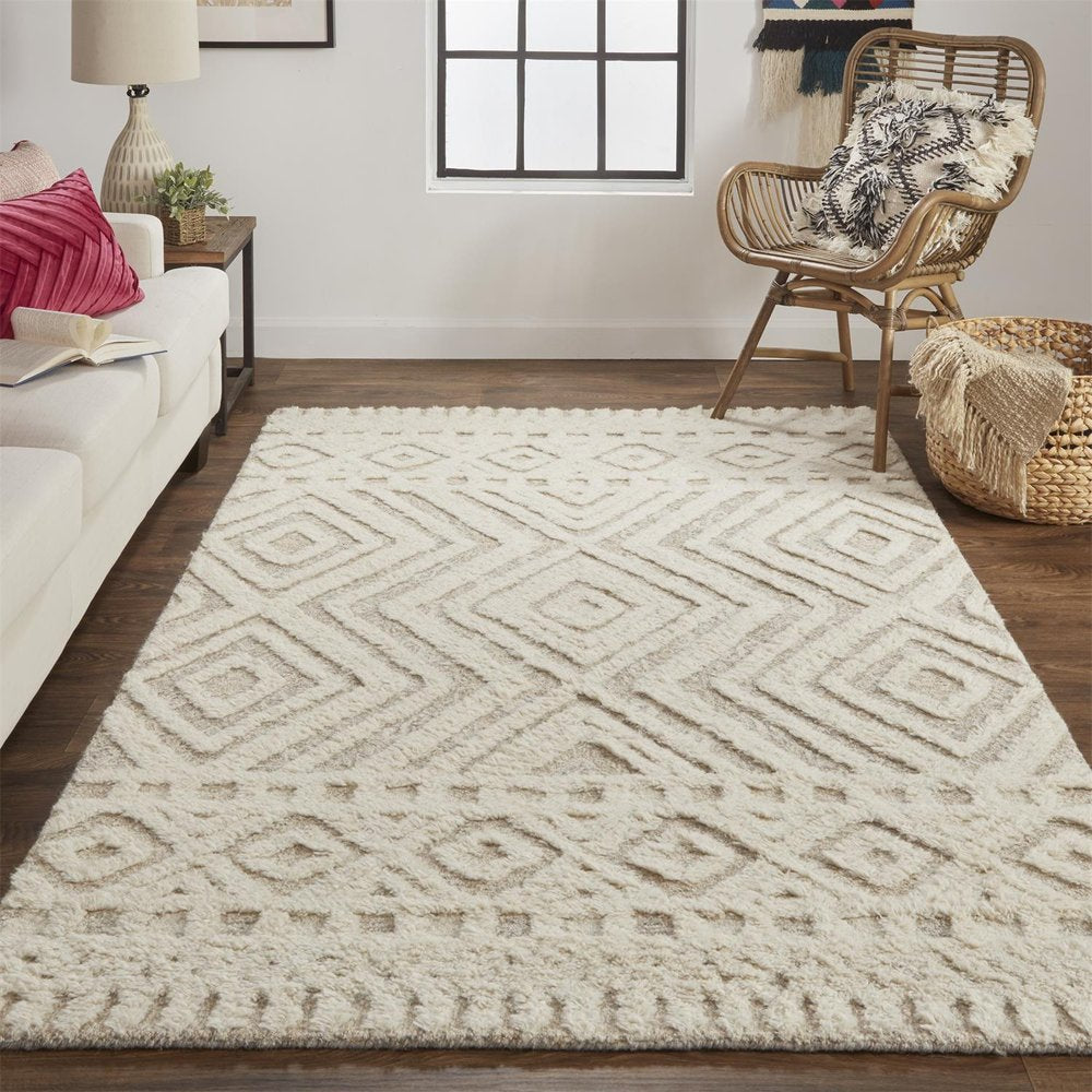 4' X 6' Ivory And Tan Wool Geometric Tufted Handmade Stain Resistant Area Rug