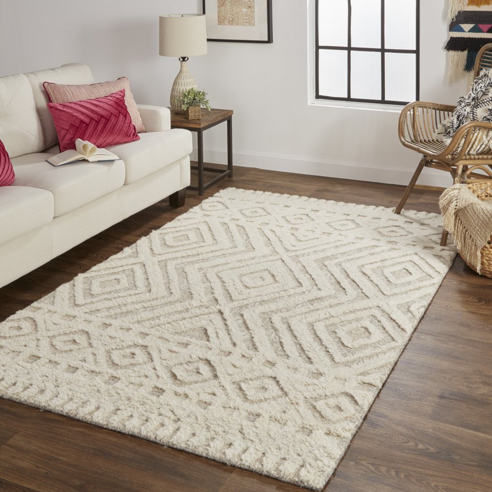 4' X 6' Ivory And Tan Wool Geometric Tufted Handmade Stain Resistant Area Rug