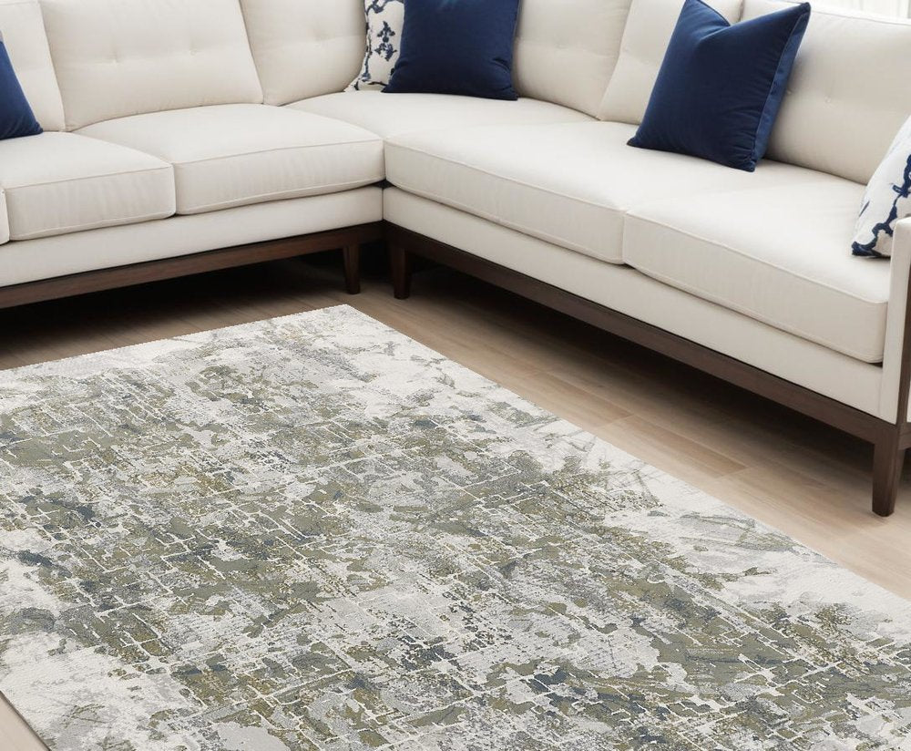 3' X 5' Green Gray And Ivory Abstract Distressed Stain Resistant Area Rug