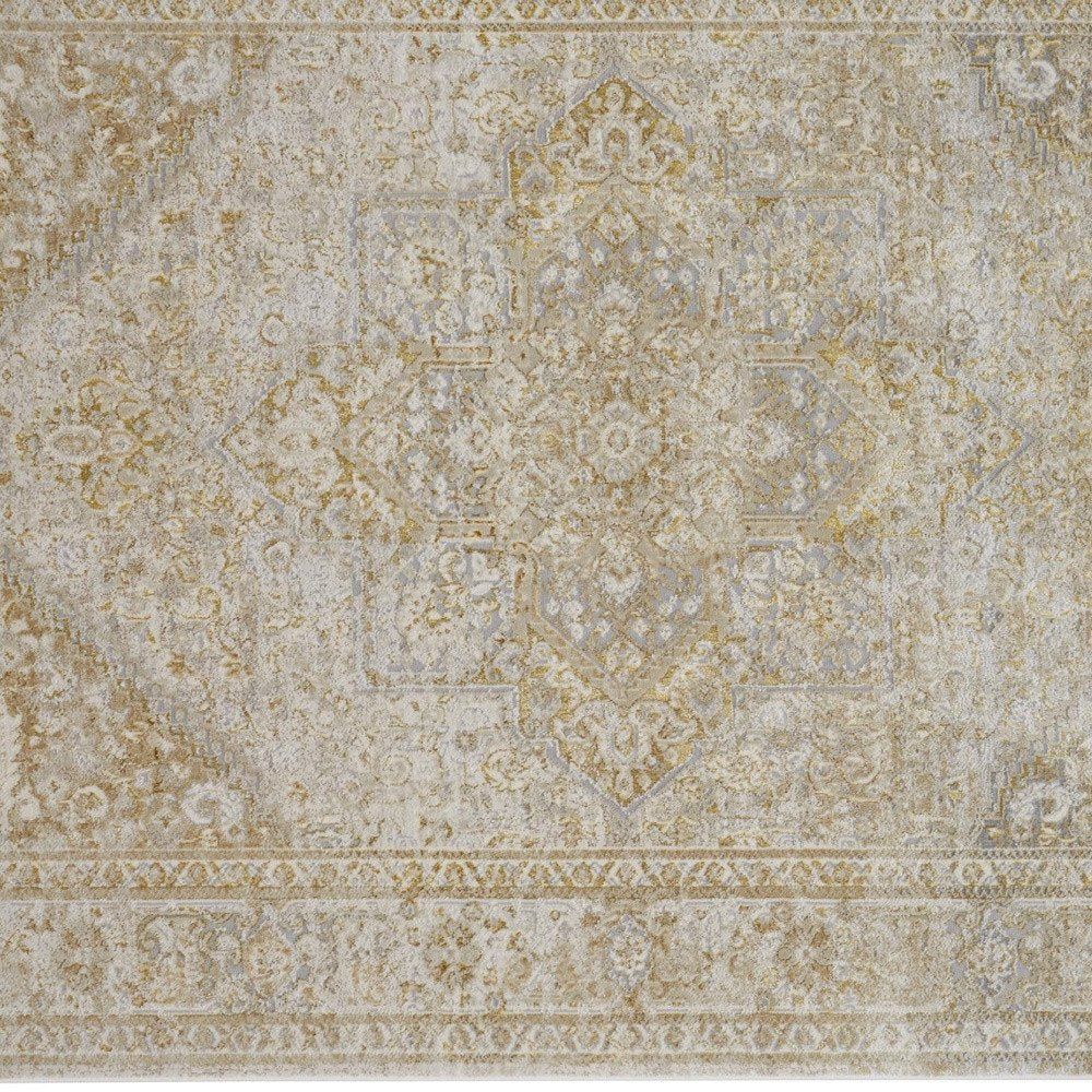 4' X 6' Gold And Ivory Floral Medallion Area Rug