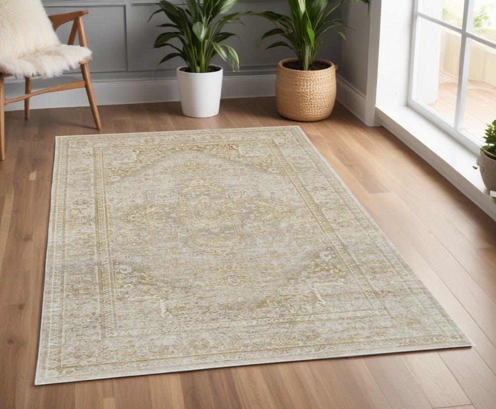 4' X 6' Gold And Ivory Floral Medallion Area Rug