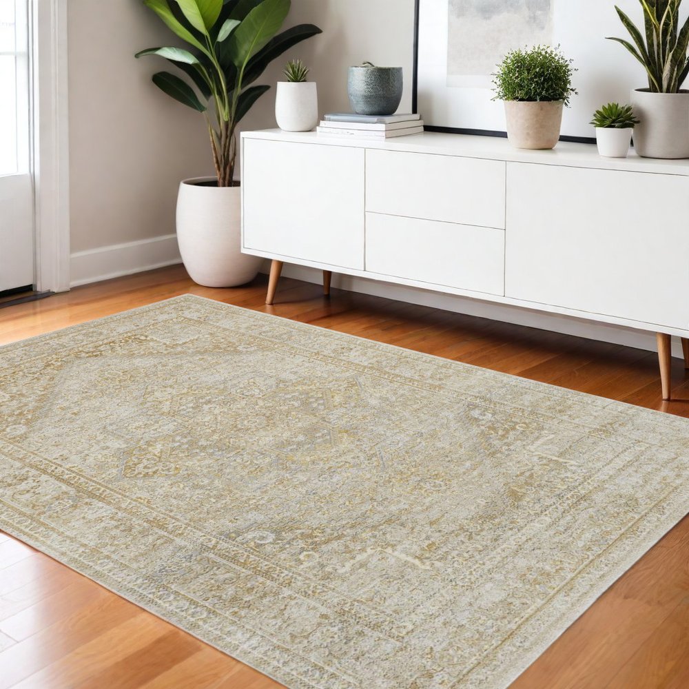 4' X 6' Gold And Ivory Floral Medallion Area Rug