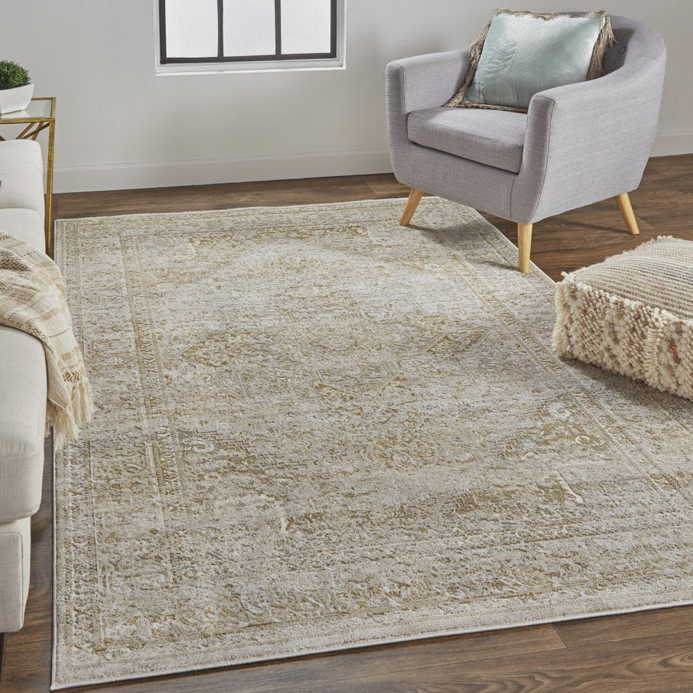4' X 6' Gold And Ivory Floral Medallion Area Rug