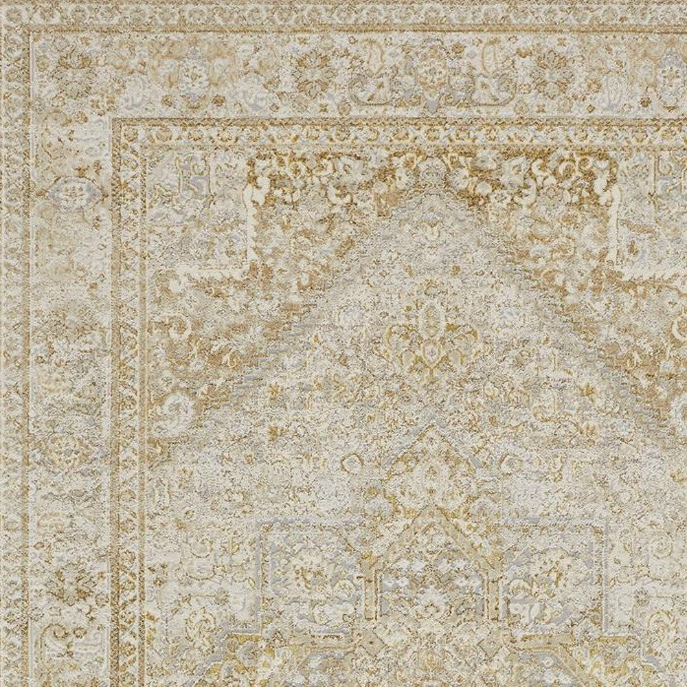 4' X 6' Gold And Ivory Floral Medallion Area Rug