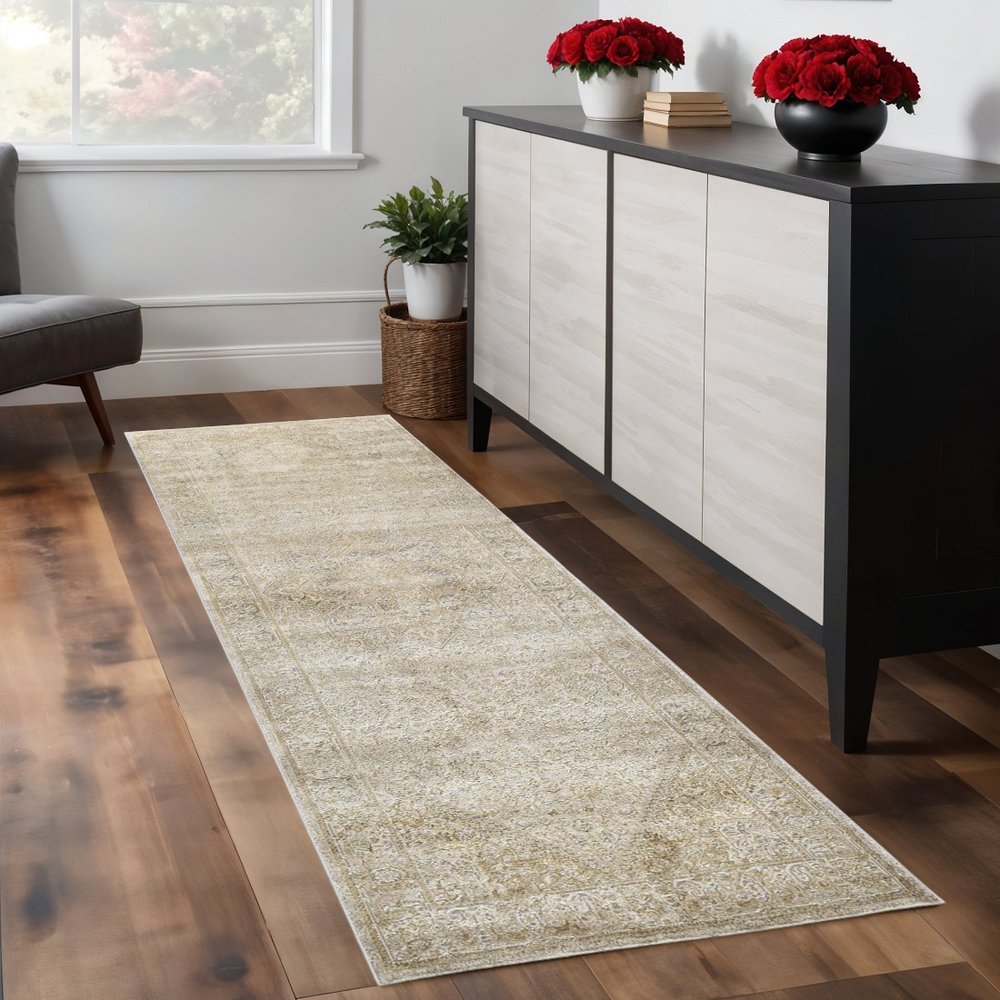 4' X 6' Gold And Ivory Floral Medallion Area Rug