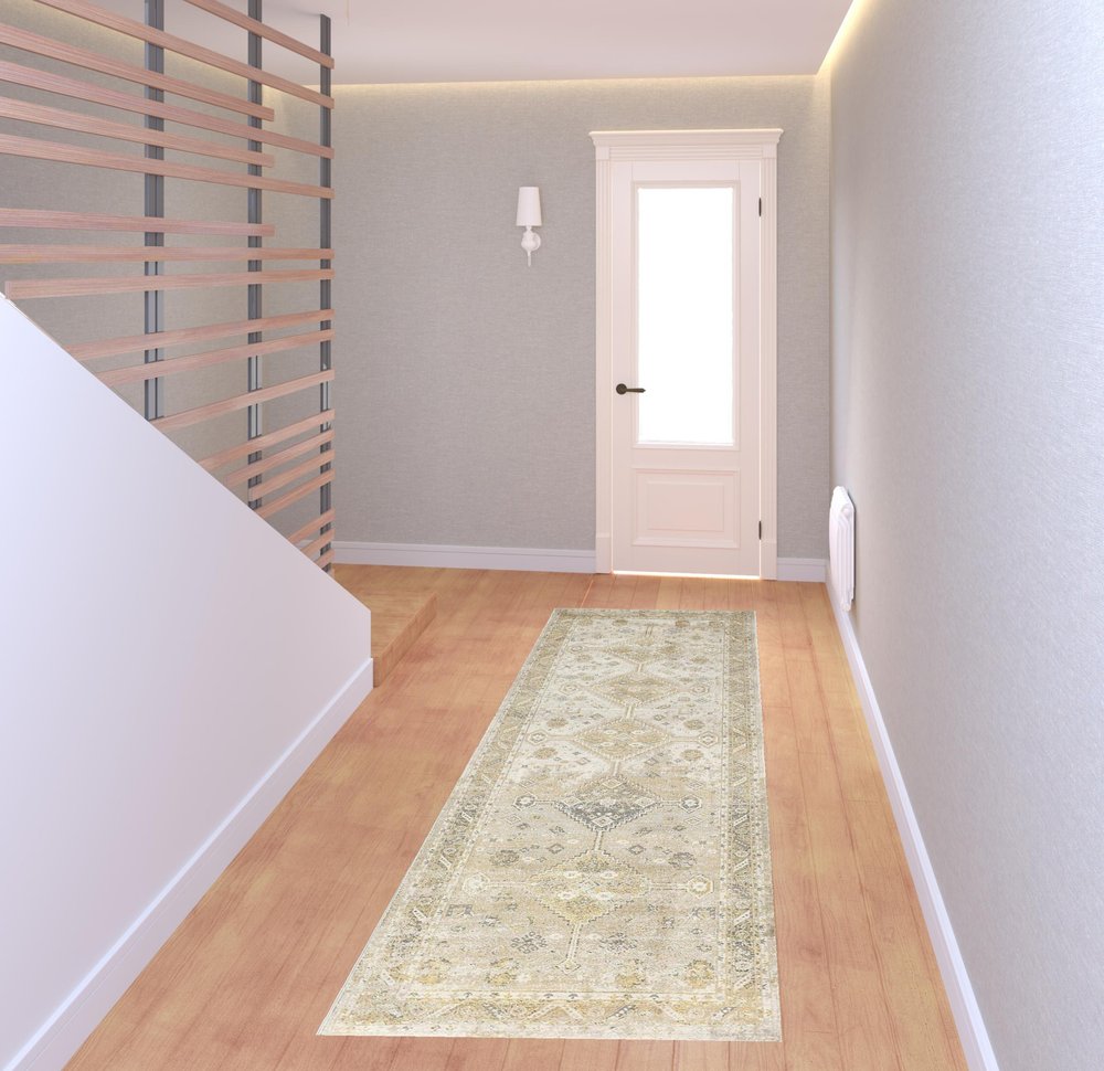 5' X 8' Gold And Ivory Floral Stain Resistant Area Rug