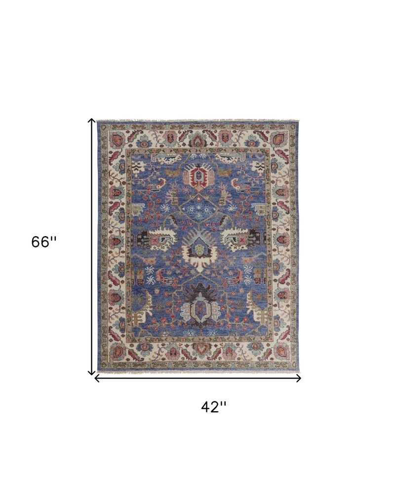 10' X 13' Blue And Red Wool Floral Hand Knotted Stain Resistant Area Rug