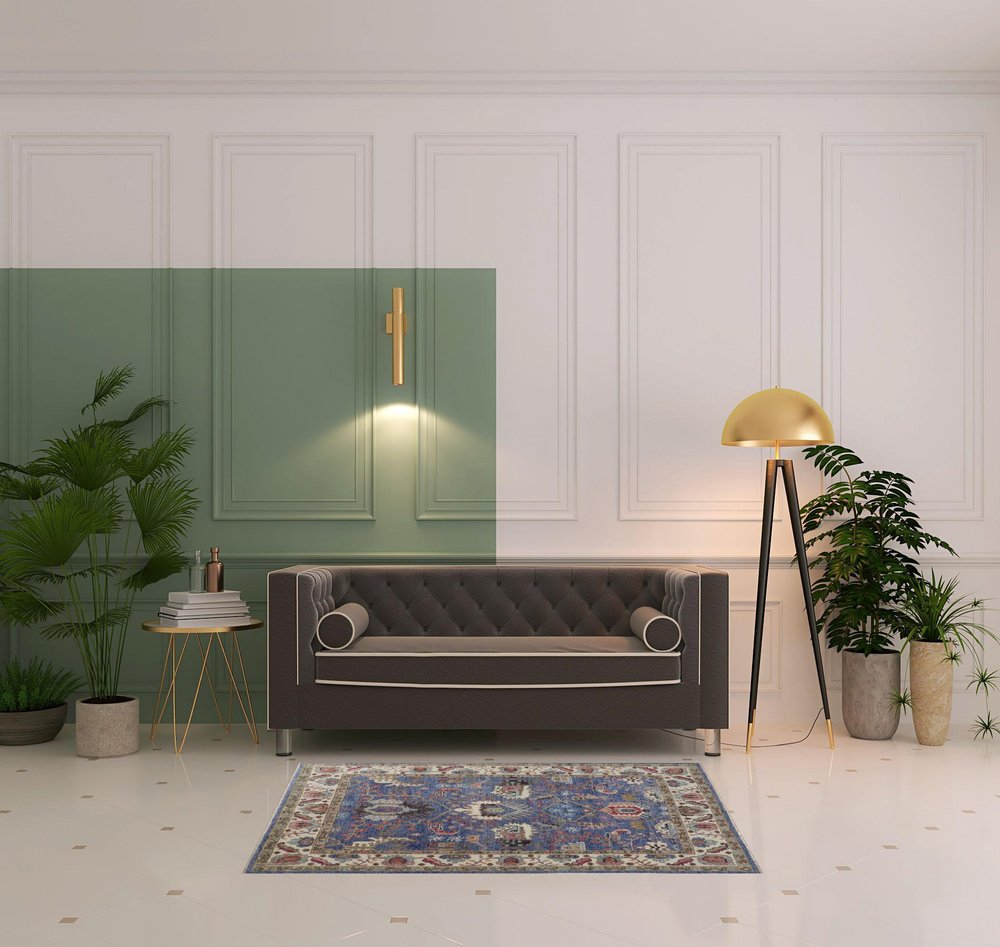 10' X 13' Blue And Red Wool Floral Hand Knotted Stain Resistant Area Rug