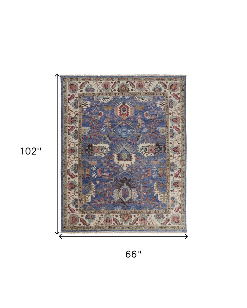 10' X 13' Blue And Red Wool Floral Hand Knotted Stain Resistant Area Rug